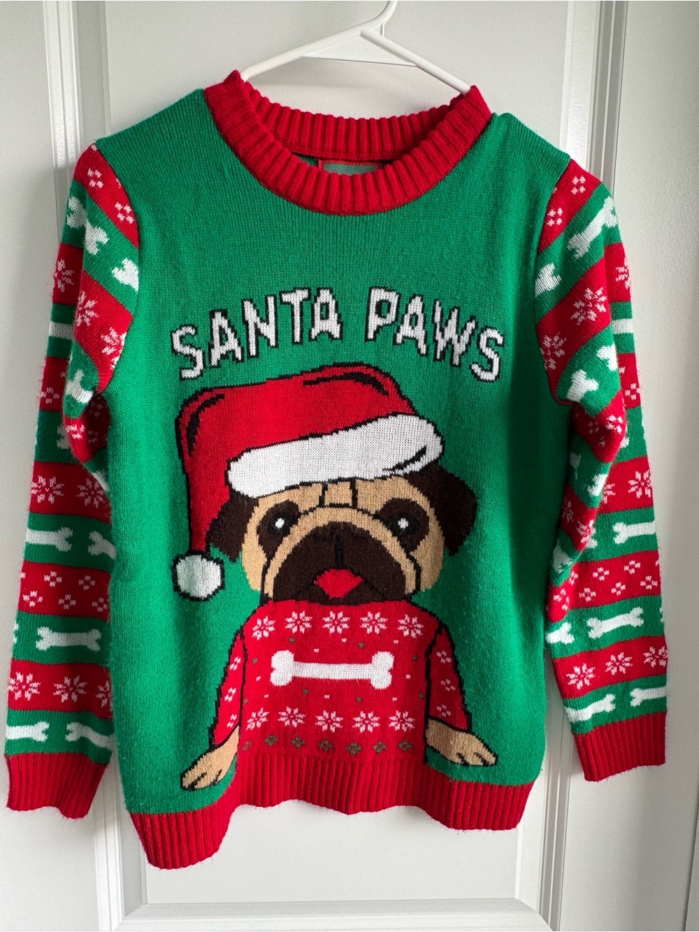 Santa Paws Pug Ugly Christmas Sweater Kids Large Holiday Knit